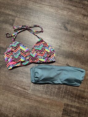PINK Victoria's Secret Neon Chevron Halter Bikini with Teal Bandeau